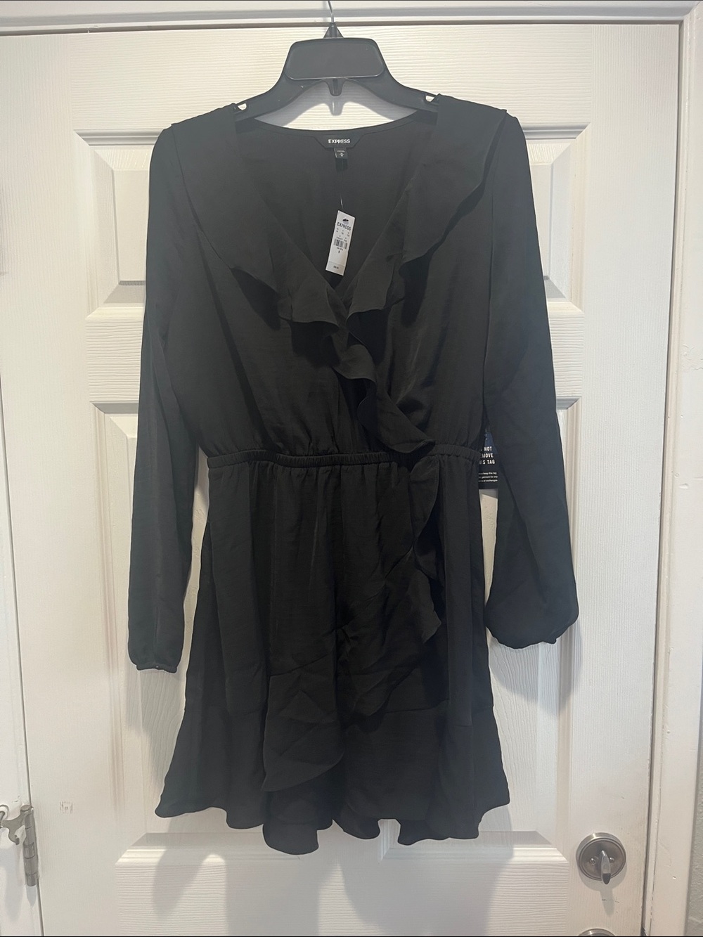 Express Black Ruffle Wrap-Front Long Sleeve Dress
